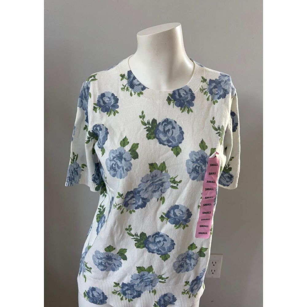 Blue Floral Print Short Sleeve Blouse Casual Top